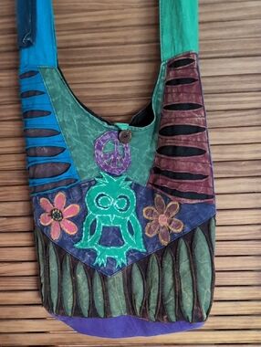 Boho Green & Purple Owl Patchwork Shoulder Bag